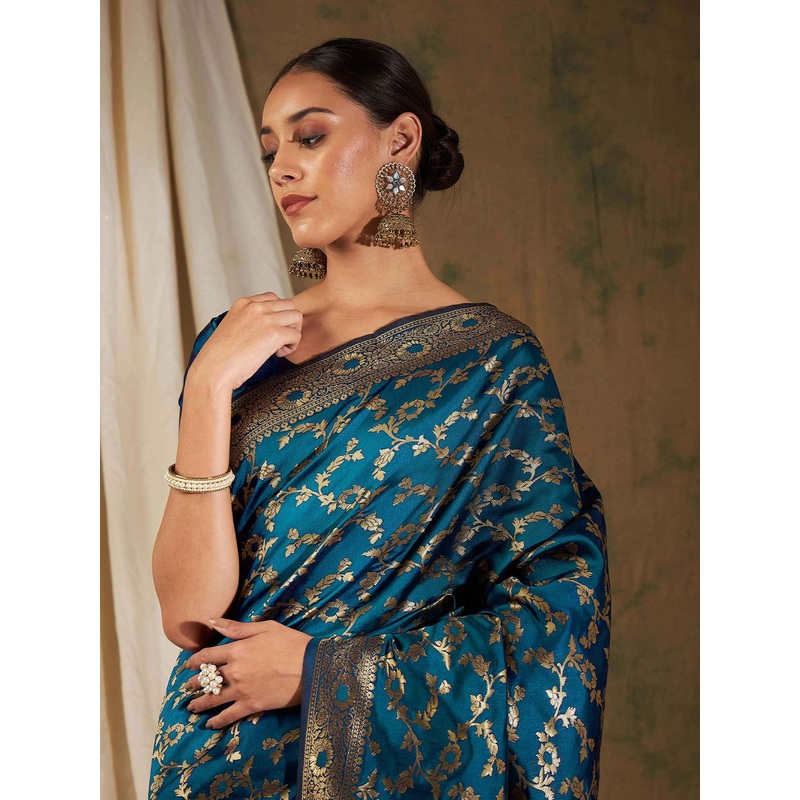 Sangria Blue Floral Woven Design Zari Kanjeevaram Saree