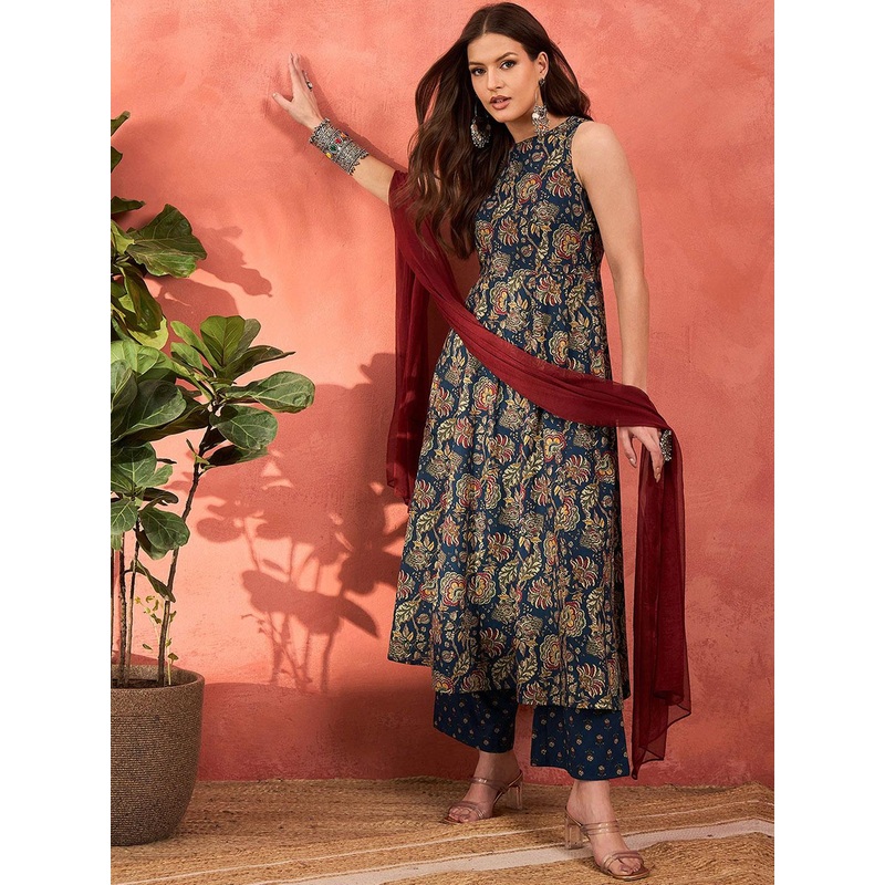 Shae by SASSAFRAS Floral Printed Boat Neck Pure Cotton Kurta With Palazzos & Dupatta