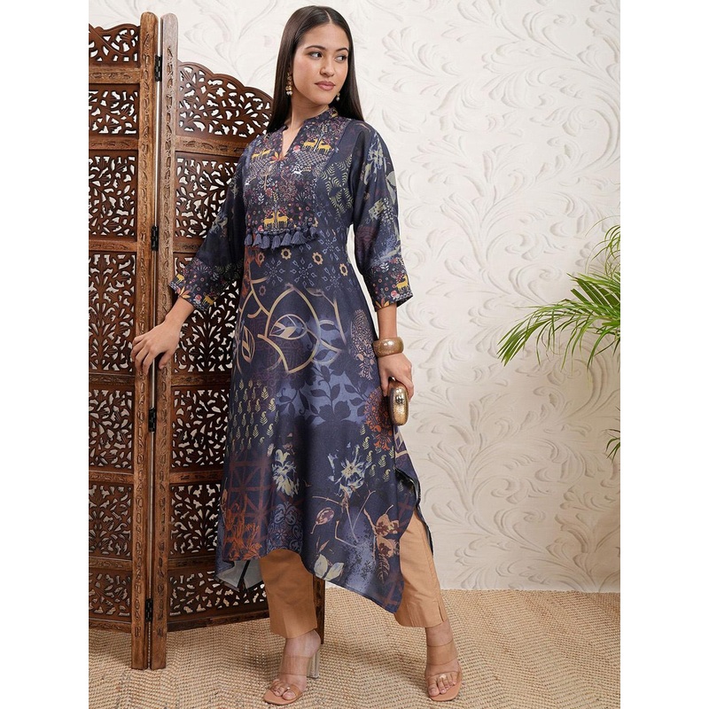 Vishudh Blue Floral Printed Mandarin Collar Regular Handkerchief Hem A-Line Kurta