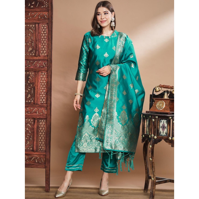 VredeVogel Ethnic Motifs Printed Cotton Silk Kurta With Trousers & Dupatta