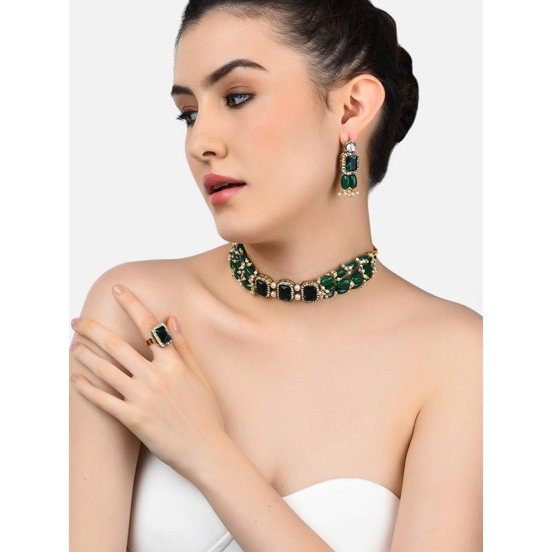 Zaveri Pearls Gold-Plated Green & White Stone-Studded Beaded Jewellery Set