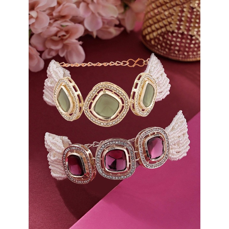 Zaveri Pearls Set Of 2 Gold-Plated AD-Studded & Beaded Link Bracelets