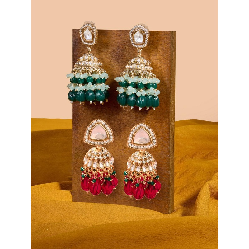 Zaveri Pearls Set of 2 Gold-Plated Stones Studded & Cluster Beaded Dome Shaped Jhumkas