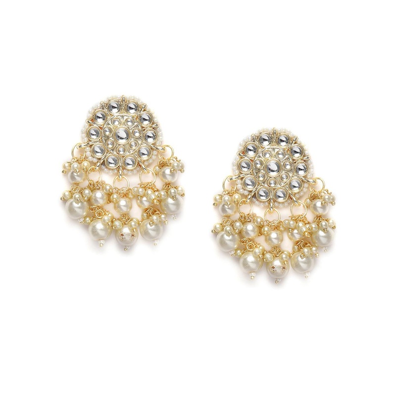 Zaveri Pearls White Gold-Plated Studded Circular Drop Earrings