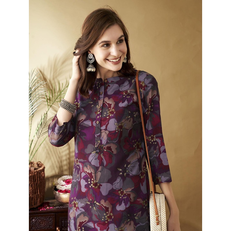 Anouk Floral Printed Band Collar Chanderi Silk Straight Kurta