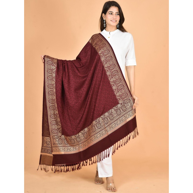 BAISA Ethnic Motifs Printed Pure Wool Shawl With Tasselled Border