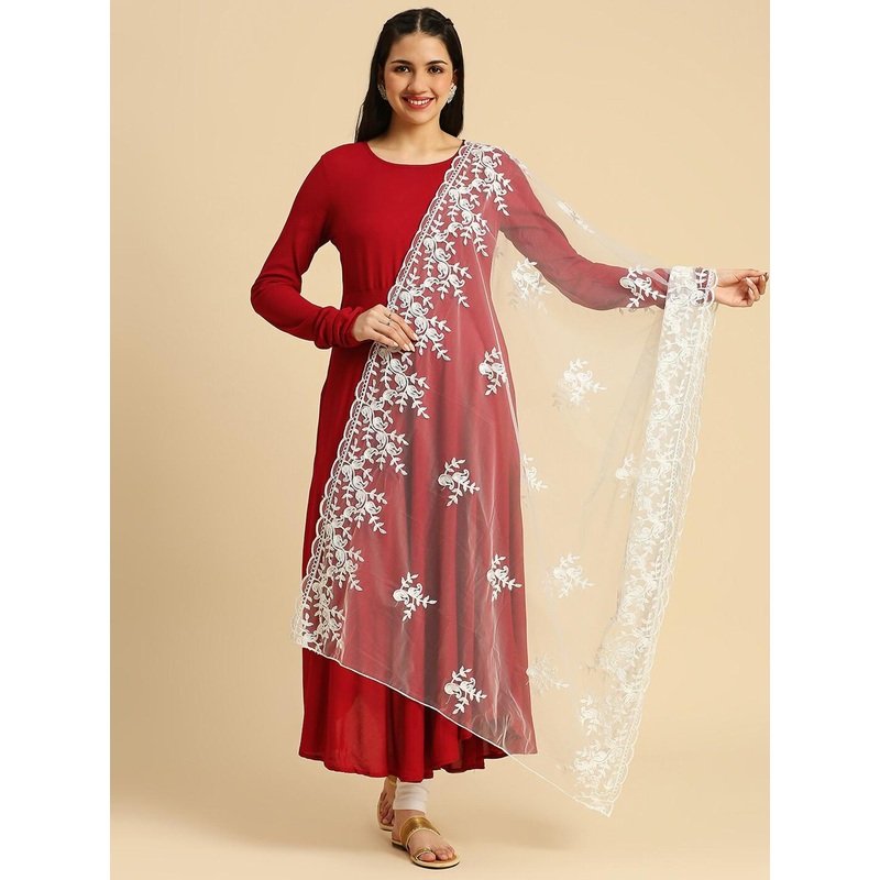 Dupatta Bazaar Floral Embroidered Thread Work Net Dupatta