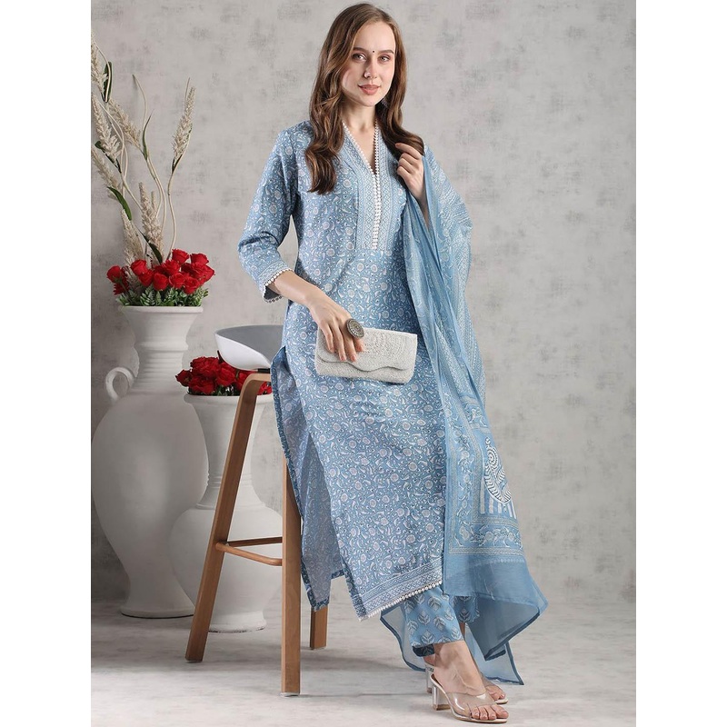 GoSriKi Floral Printed V-Neck Three-Quarter Sleeves Kurta With Trouser With Dupatta