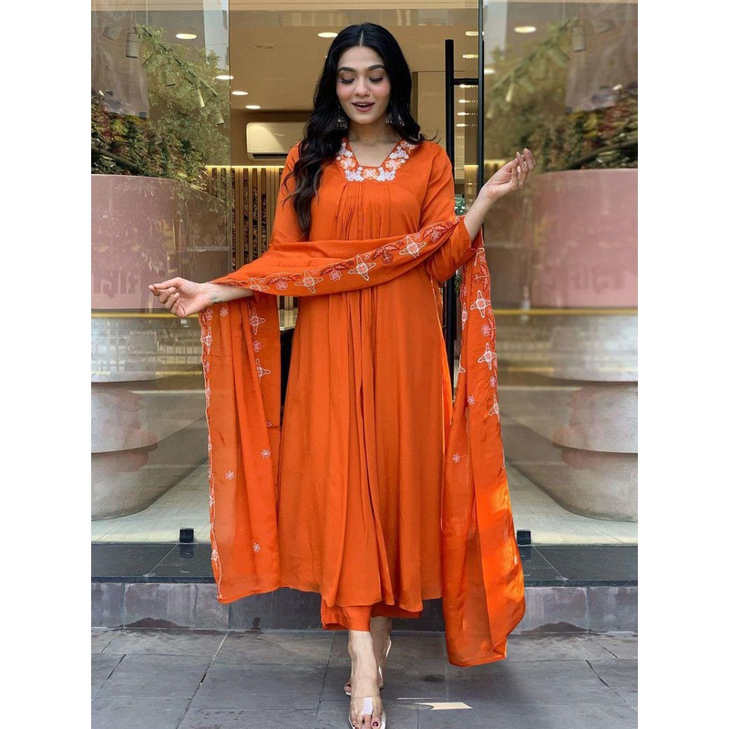 GoSriKi Floral Yoke Design Pleated Thread Work A-Line Kurta With Trouser And Dupatta