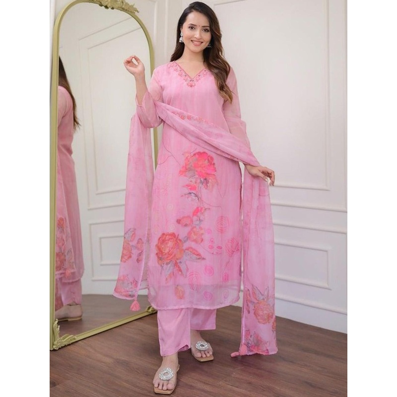HERE&NOW Floral Embroidered Straight Kurta with Pyjamas & Dupatta
