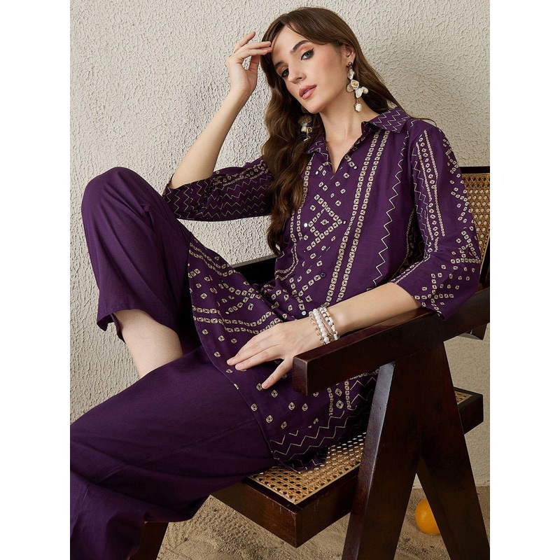 Indo Era Bhandani Printed Pure Cotton Shirt Collar Top With Trousers Co-Ords