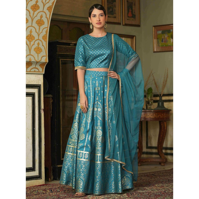 Juniper Women Teal & Gold-Toned Foil Printed Lehenga & Blouse With Dupatta