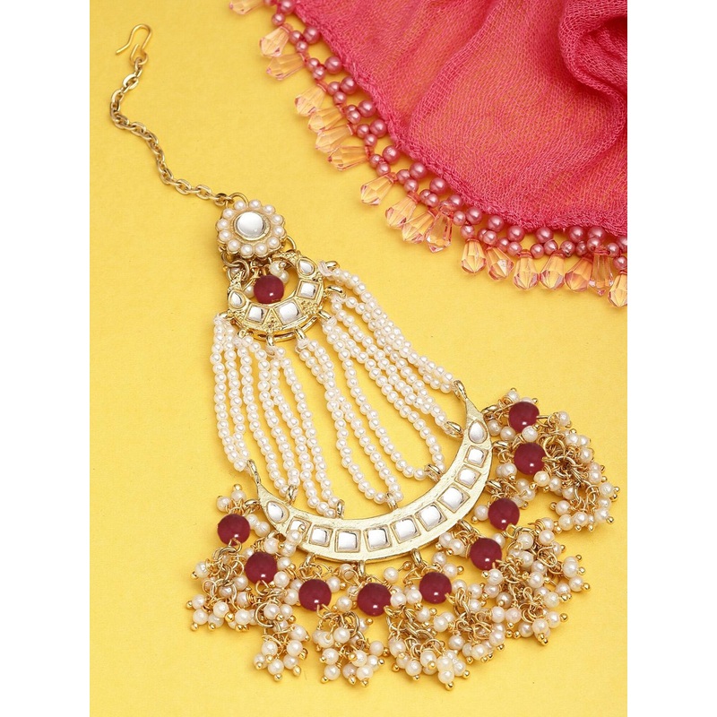 KARATCART Gold-Plated Kundan-Studded & Beaded Jhumar Passa