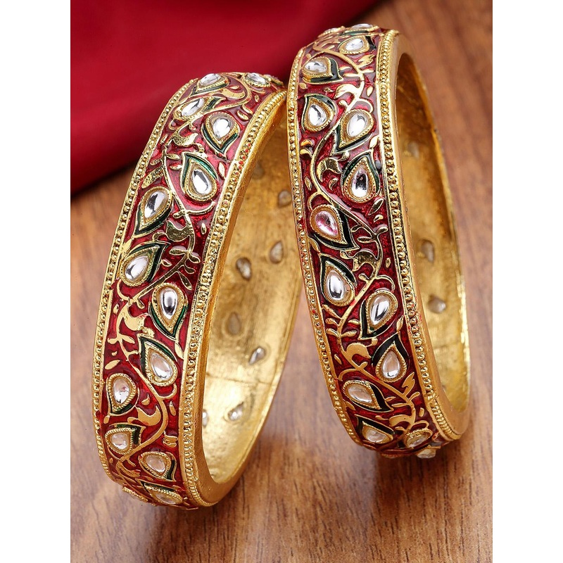 KARATCART Set of 2 Gold-Plated Kundan Stones-Studded Antique Meenakari Bangle