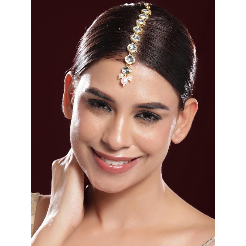 Rubans 18K Gold-Plated White Kundan-Studded Maangtika with White Pearls