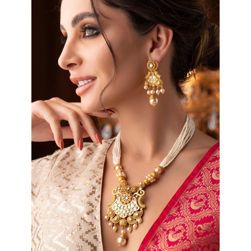 Rubans 22K Gold Plated White Kundan & Pearl Studded & Beaded Multi-Strand Necklace Set