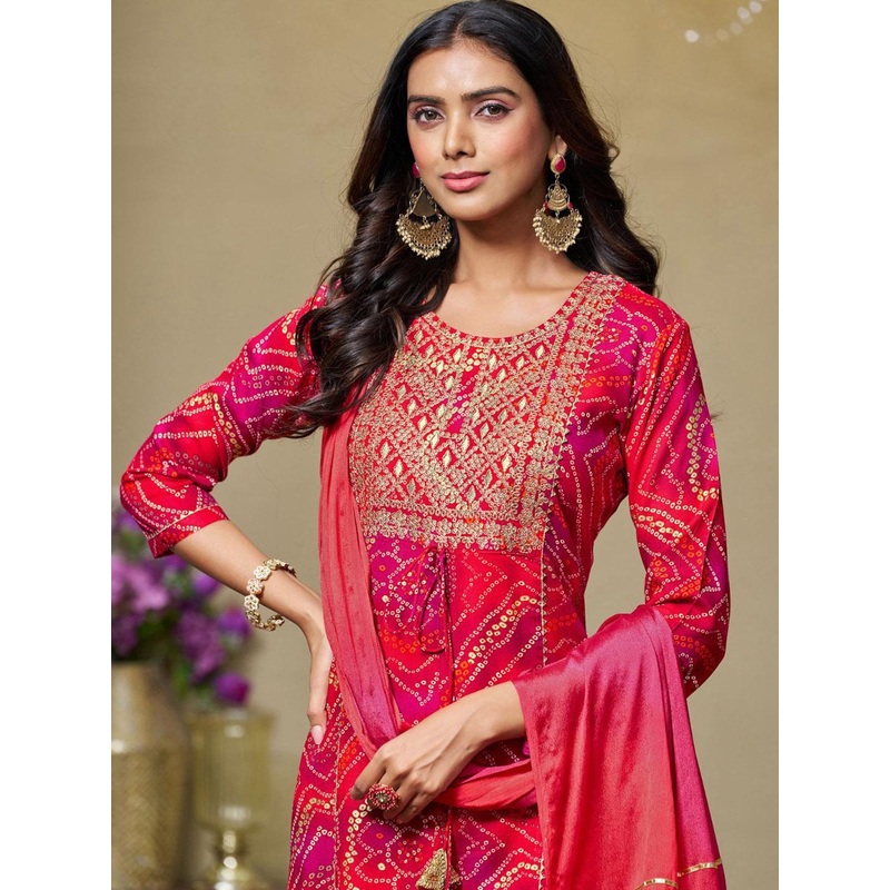 Sangria Bandhani Printed Sequinned Kurta with Palazzo & Dupatta