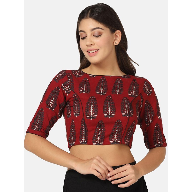 THE WEAVE TRAVELLER Floral Handblocked Printed Cotton Saree Blouse