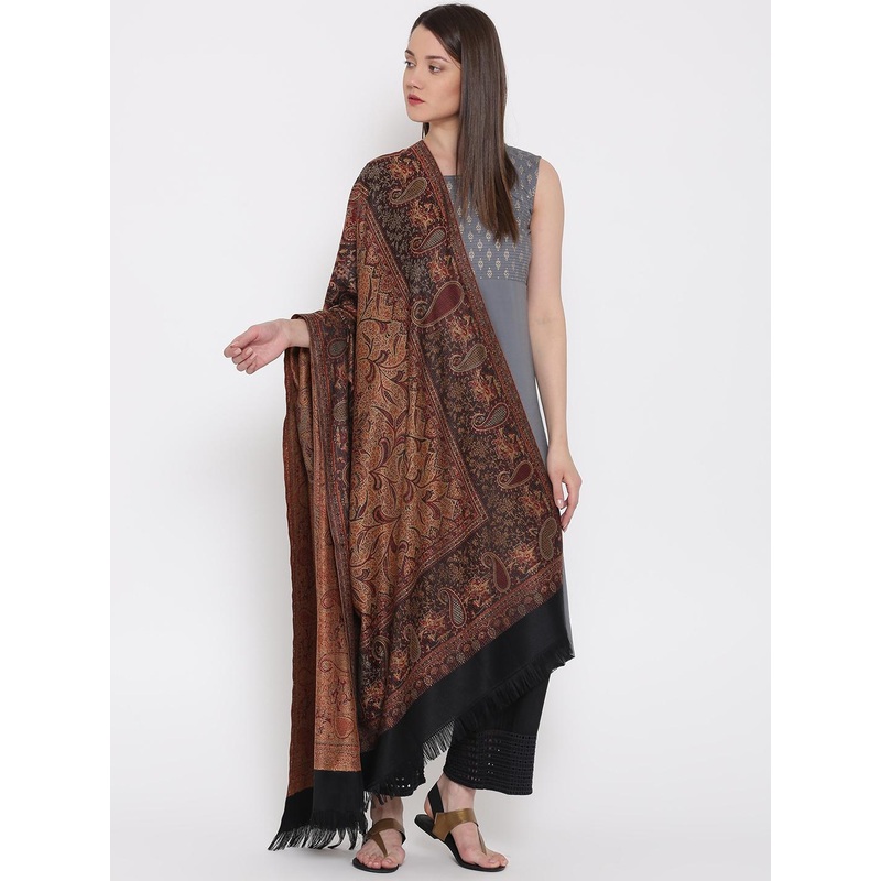 WEAVERS VILLA Brown & Black Pashmina Wool Patterned Shawl