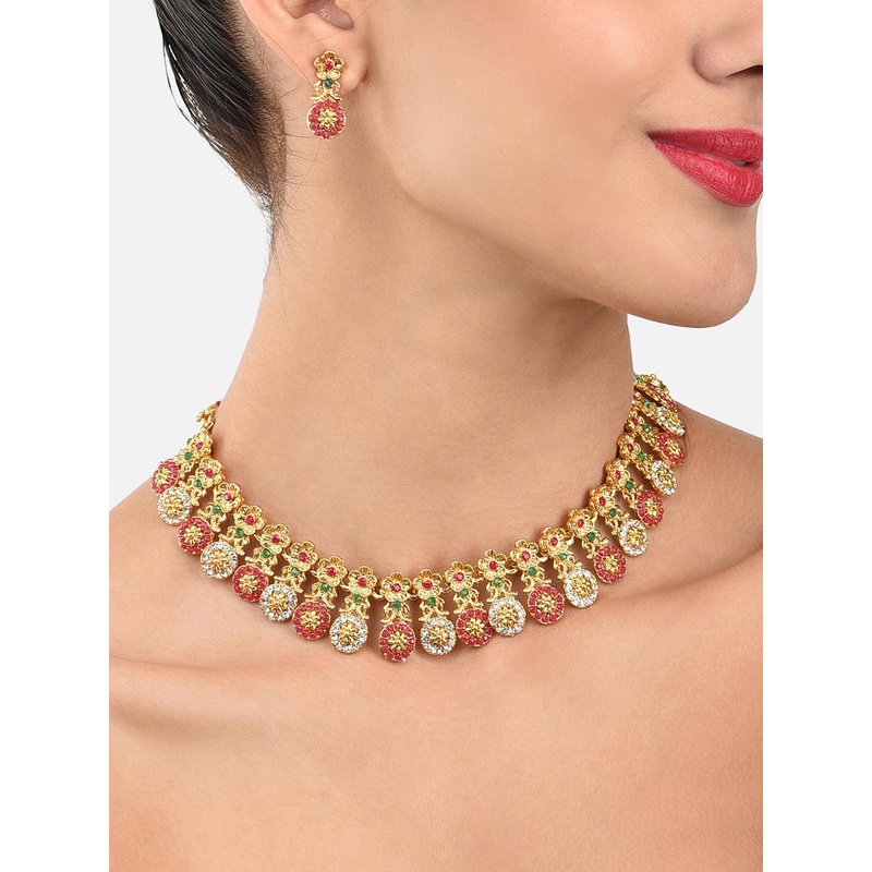 Zaveri Pearls Red Gold Plated Jewellery Set