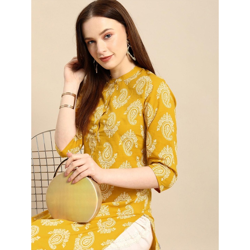 all about you Women Yellow & White Ethnic Motifs Printed Regular Kurta
