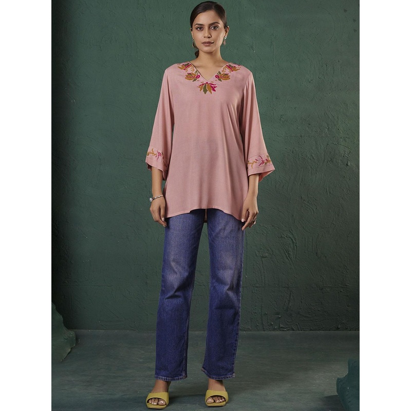 Anouk Floral Embroidered V-Neck Flared Sleeves Liva Kurti