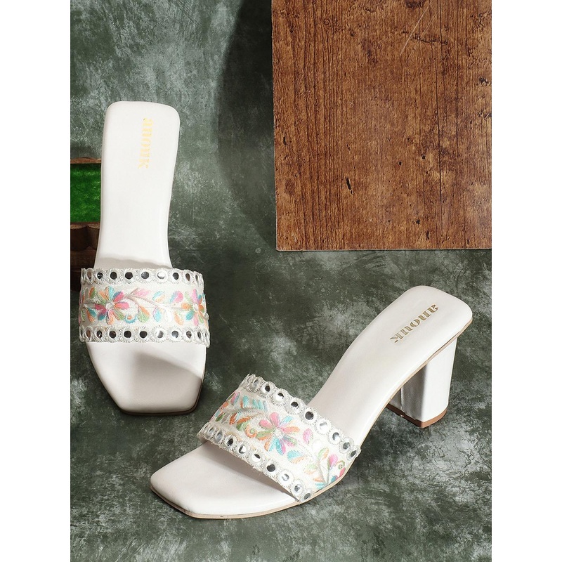 Anouk White & Pink Embroidered Block Heels