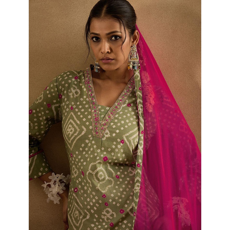 Indo Era Bandhani Printed Pure Cotton Kurta With Trousers & Dupatta