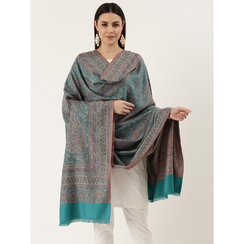 Pashmoda Women Teal Woven Design Wool Jamawar Shawl