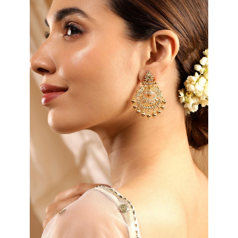 Rubans 22K Gold-Plated Emerald & Cubic Zirconia Studded Chandbali Earrings with Gold Beads