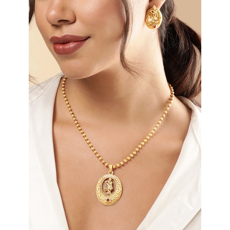 Rubans 22K Gold Plated Krishna Motif & Ruby Studded Golden Beaded Temple Jewellery Set