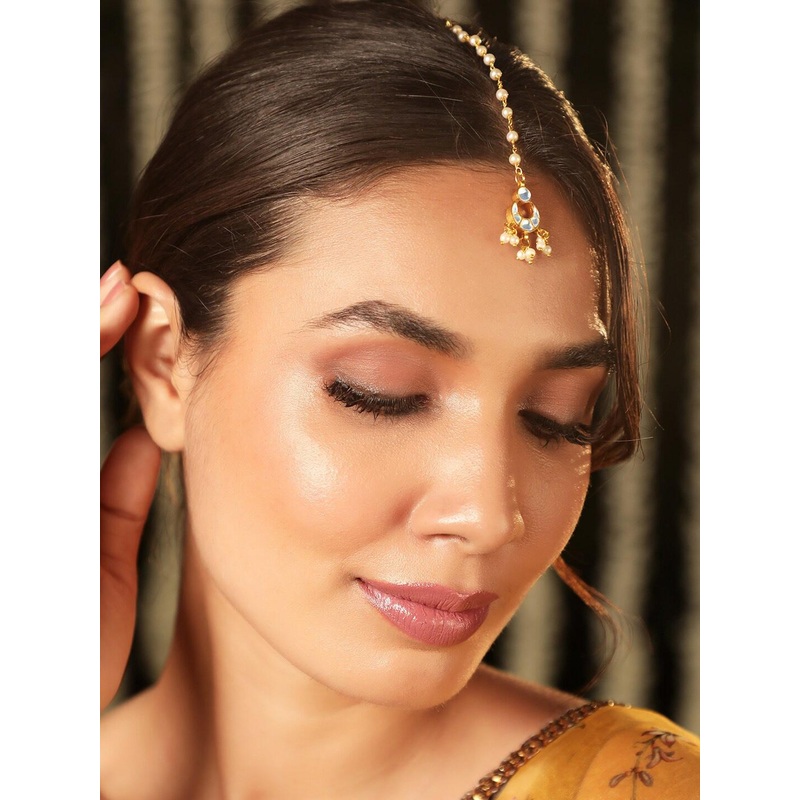 Rubans 22K Gold Plated Kundan Studded Maang Tikka with Pearl Beaded Chain