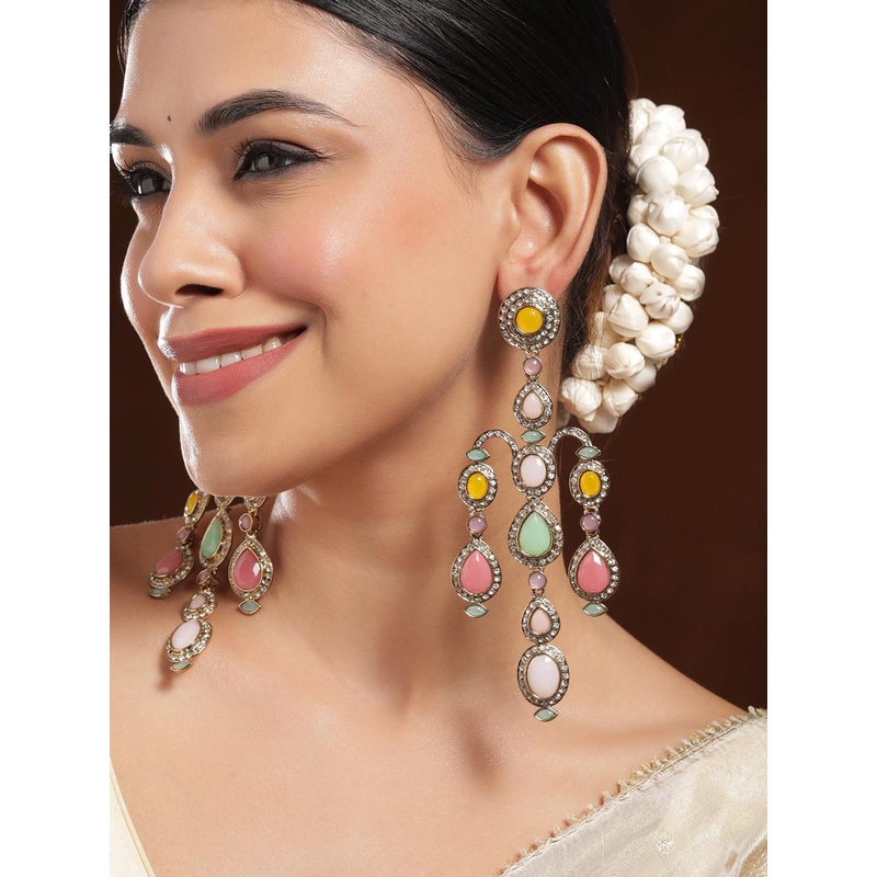 Rubans 22K Mehandi Gold-Plated Classic Gemstone & Zirconia Studded Chandelier Earrings