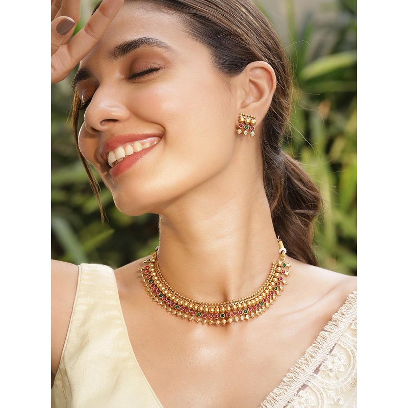 Rubans 22KT Gold Plated Brass Red & Green Stone Studded Necklace Set