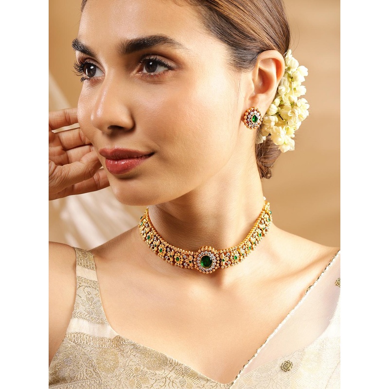 Rubans 24K Gold Plated Handcrafted Emerald & Cubic Zicronia Studded Choker Jewellery Set