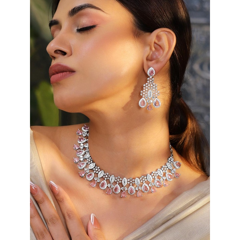 Rubans Rhodium-Plated Pink AD & Cubic Zirconia Studded Statement Necklace Set
