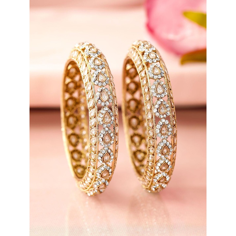 Rubans Set of 2 18K Mehandi Gold-Plated Kundan & Cubic Zirconia Studded Designer Bangles