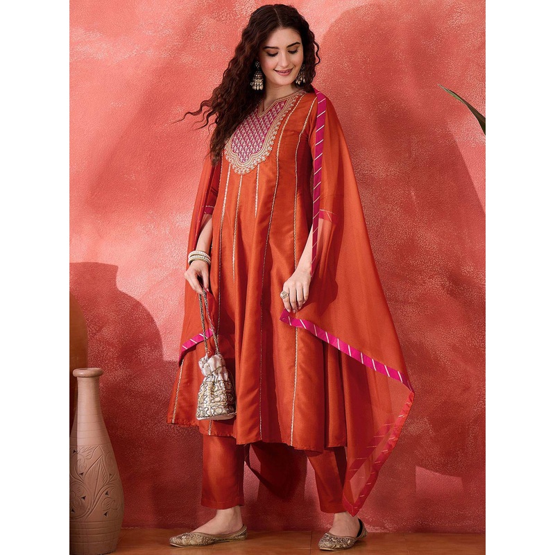 Sangria Zari Sequence Cording Embroidery With Lace A Line Kurta With Trousers & Dupatta