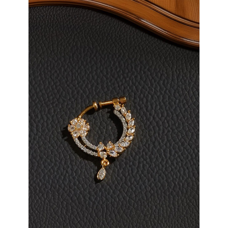 Saraf RS Jewellery Gold-Plated White American Diamond-Studded Handcrafted Nose Ring