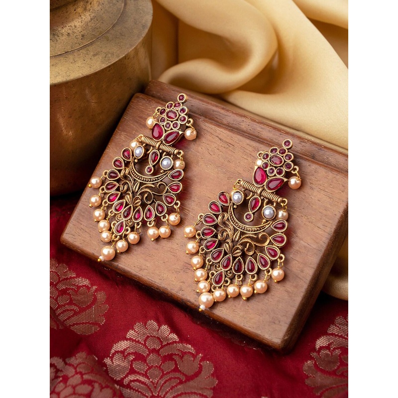 TEEJH Stone-Studded Beaded Classic Drop Earrings