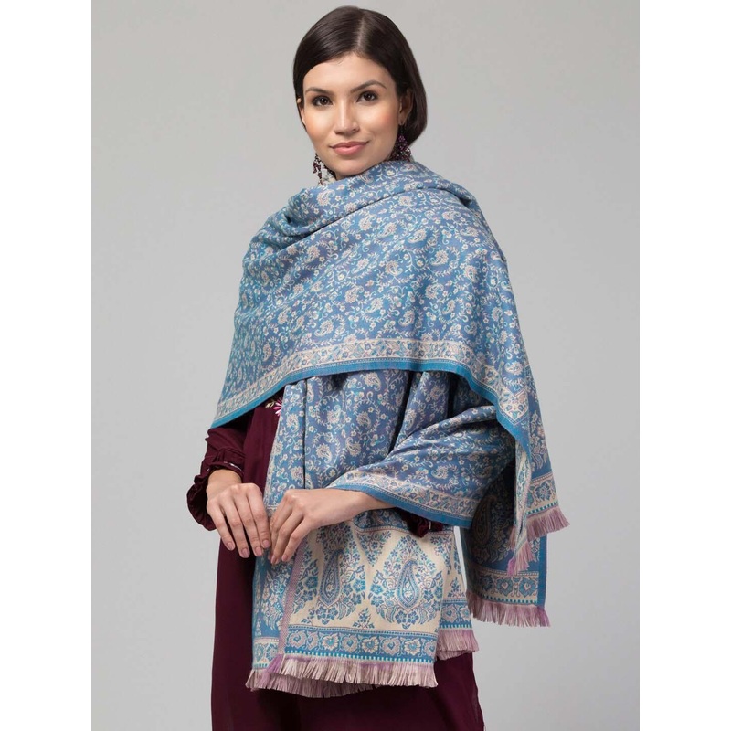 Tweedle Ethnic Motifs Woven-Design Jamawar Weave Fringed Woollen Shawl