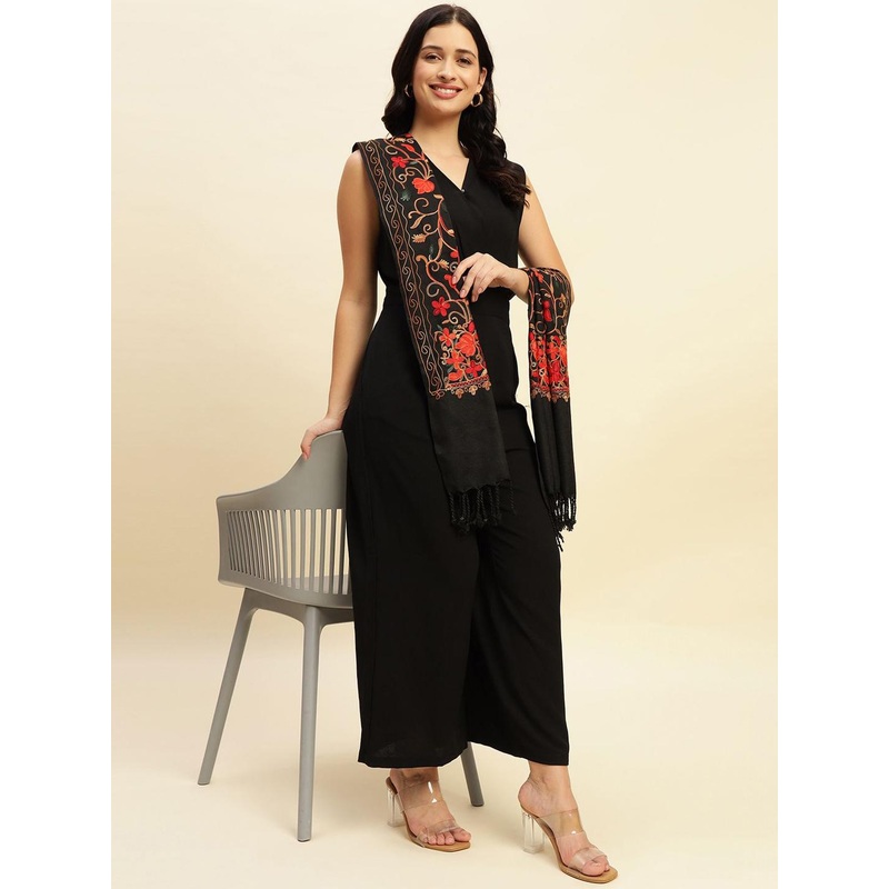 WEAVERS VILLA Floral Embroidered Shawl With Tasselled Border