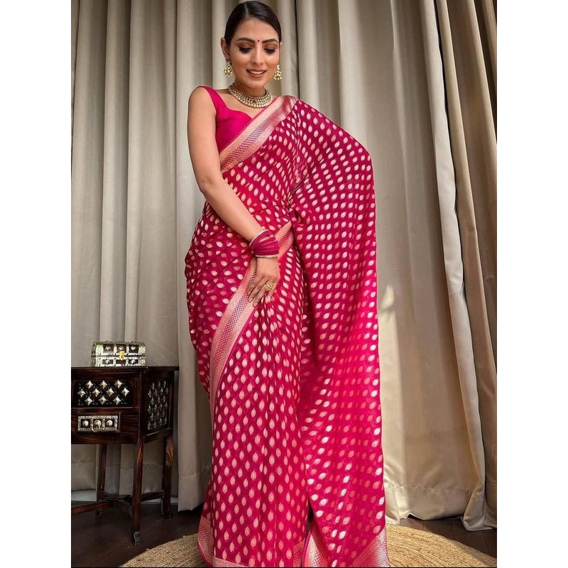 YAMUNE Women Woven Design Zari Banarasi Saree With Blouse Piece