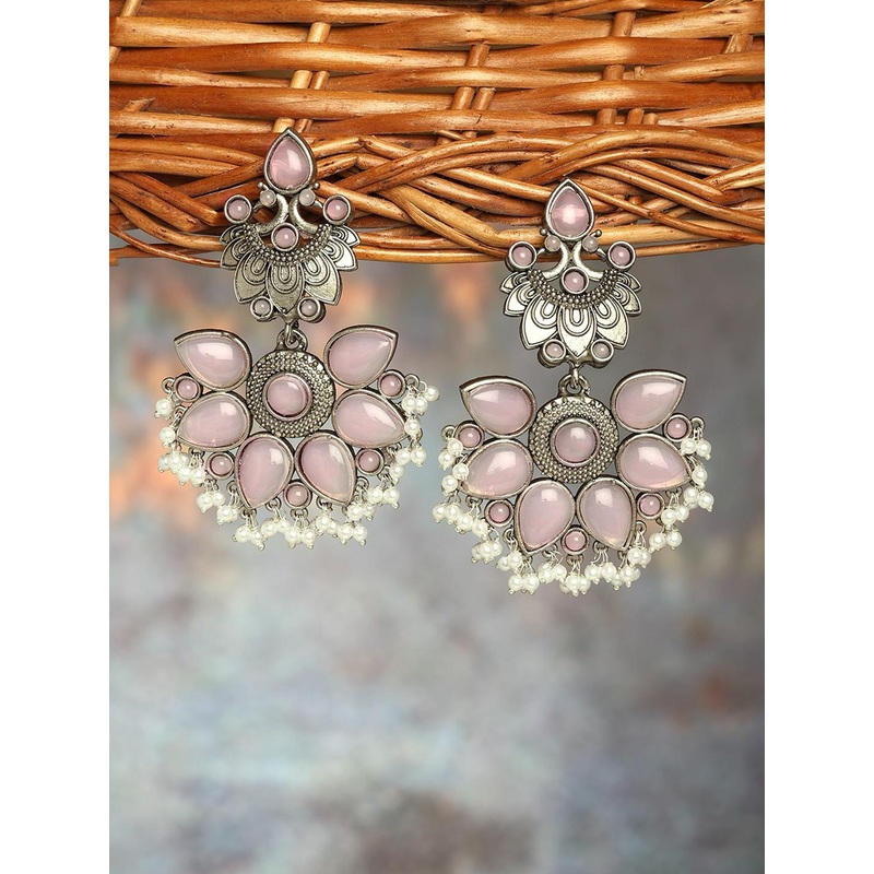 Zaveri Pearls God Plated Oxidised Floral Drop Earrings