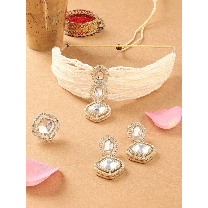 Zaveri Pearls Gold-Plated American Diamond-Studded Necklace With Earrings & Finger Ring