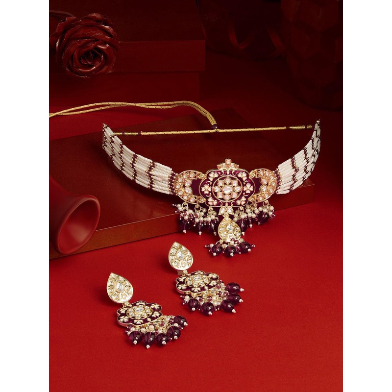 Zaveri Pearls Gold Plated Austrian Diamonds Studded & Beaded Meenakari Jewellery Set