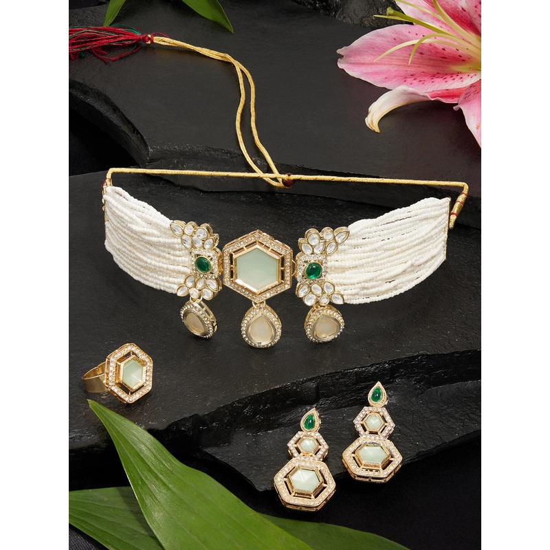 Zaveri Pearls Gold-Plated Stones & Pearls Beaded Jewellery Set