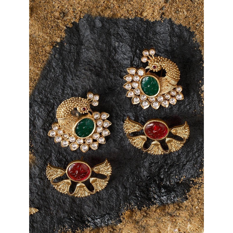 Zaveri Pearls Set Of 2 Gold-Plated Artificial Stones Studded & Beaded Animal Shaped Studs
