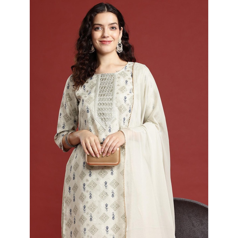 Anouk Ethnic Motifs Printed Regular Thread Work Kurta with Trousers & Dupatta
