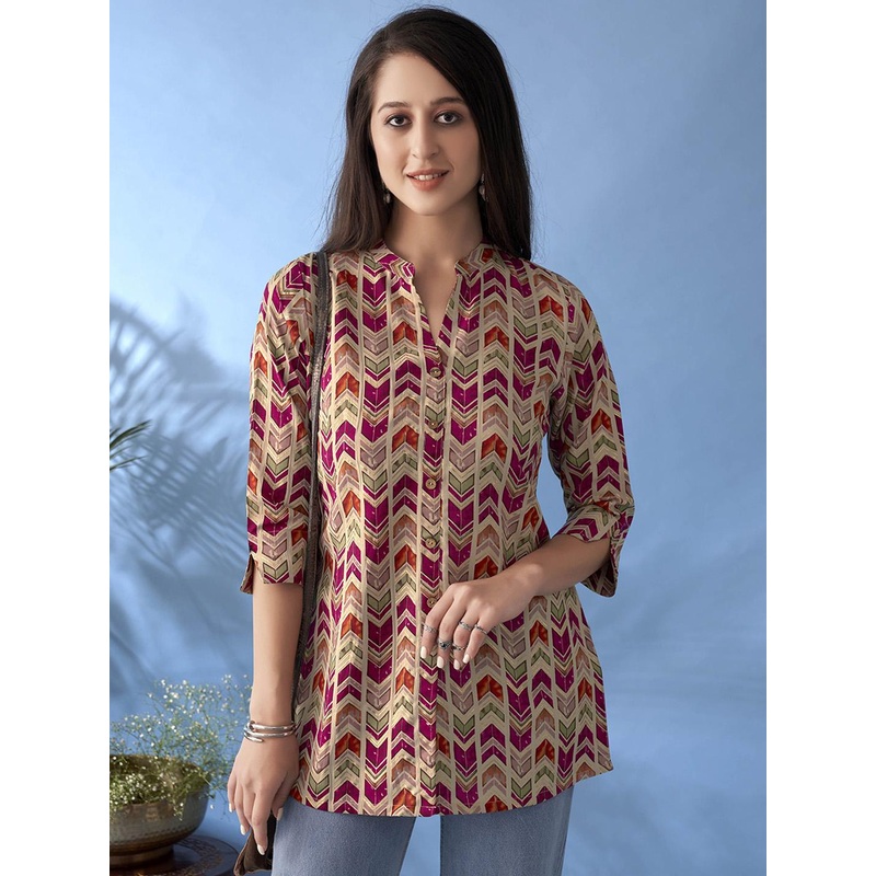 Anouk Magenta Chevron Printed Mandarin Collar Pure Cotton A-Line Short Kurti